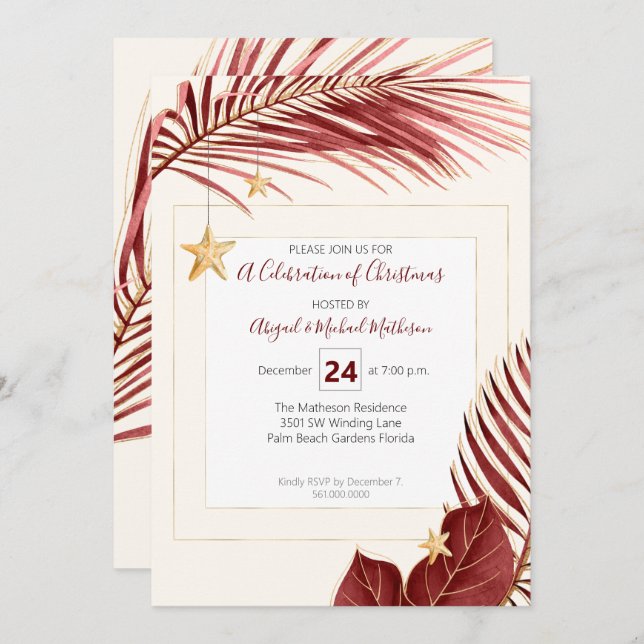 Maroon and Gold Tropical Greenery Christmas Party Invitation (Front/Back)