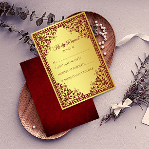 Maroon and gold vintage Indian luxury wedding RSVP Card