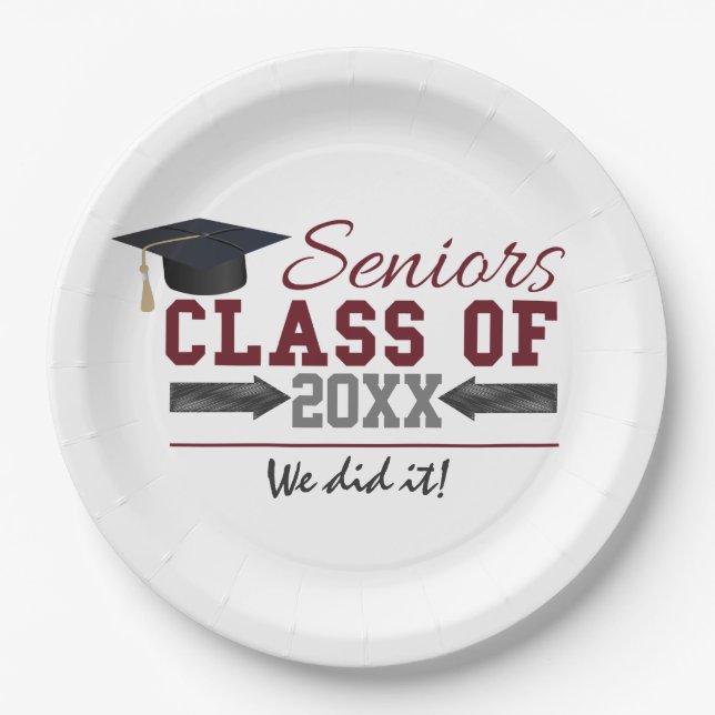 Maroon and Grey Graduation Party Plate (Front)