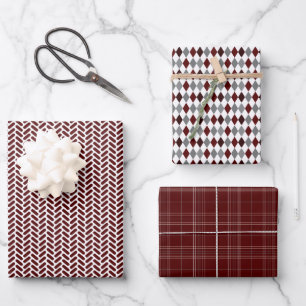 Maroon and Grey Mixed Patterns Wrapping Paper Sheet