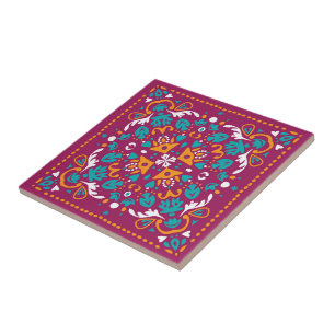 Maroon and orange Azulejo Tile