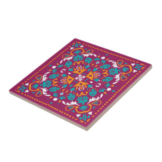 Maroon and orange Azulejo  Tile