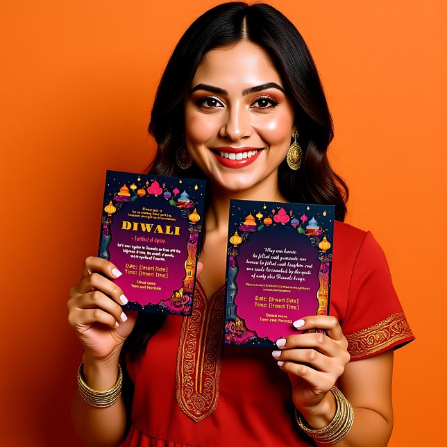 Maroon and pink Diwali Radiance Invitation (Maroon and pink Diwali Radiance Invitation, customizable text on both sides)