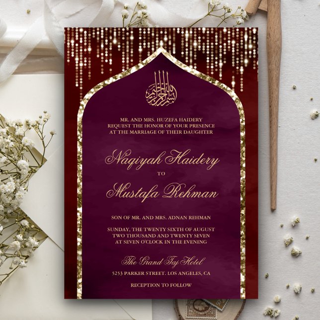 Maroon and Plum Gold Glitter Arch Muslim Wedding Invitation (Creator Uploaded)