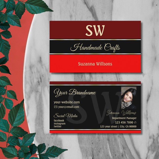 Maroon and Red Borders on Black Monogram and Photo Business Card (Creator Uploaded)