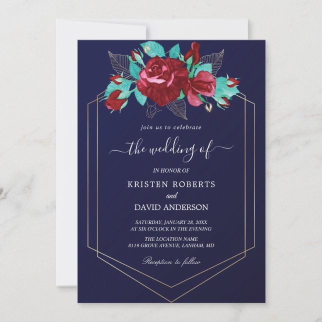 maroon and royal blue wedding invitation (Front)