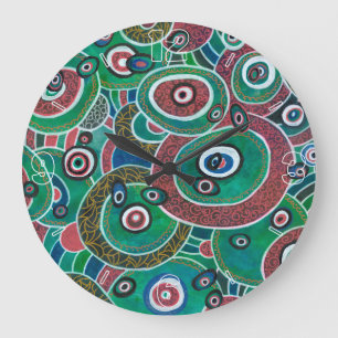 Maroon and Turquoise Circles and Ovals Abstract Large Clock