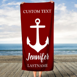 Maroon and White Anchor Personalised Beach Towel