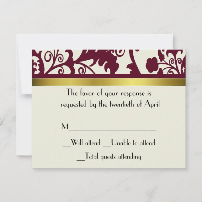 Maroon and white damask RSVP Card (Front)