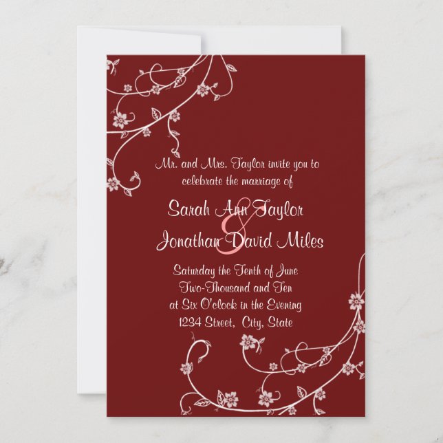 Maroon and White Floral Swirl Wedding Invitation (Front)