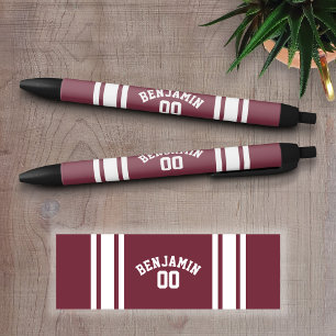 Maroon and White Jersey Stripes Custom Name Number Black Ink Pen