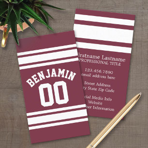 Maroon and White Jersey Stripes Custom Name Number Business Card