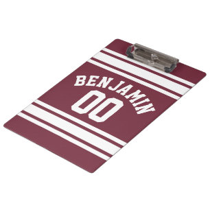 Maroon and White Jersey Stripes Custom Name Number Clipboard