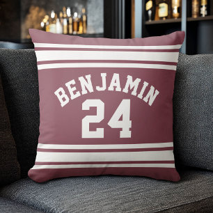 Maroon and White Jersey Stripes Custom Name Number Cushion