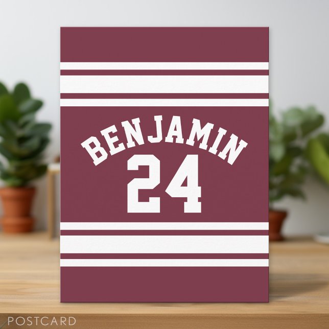 Maroon and White Jersey Stripes Custom Name Number Postcard (Custom Postcard)