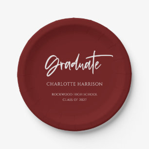 Maroon and White Modern Script Graduation Party Paper Plate