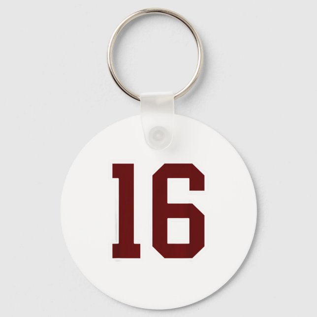 Maroon And White Number 16 Jersey Player Uniform # Key Ring (Front)