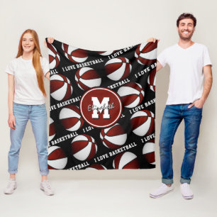 maroon and white team colours I love basketball Fleece Blanket