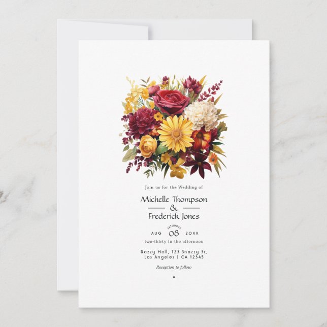 Maroon and Yellow Floral Wedding QR Code Invitation (Front)