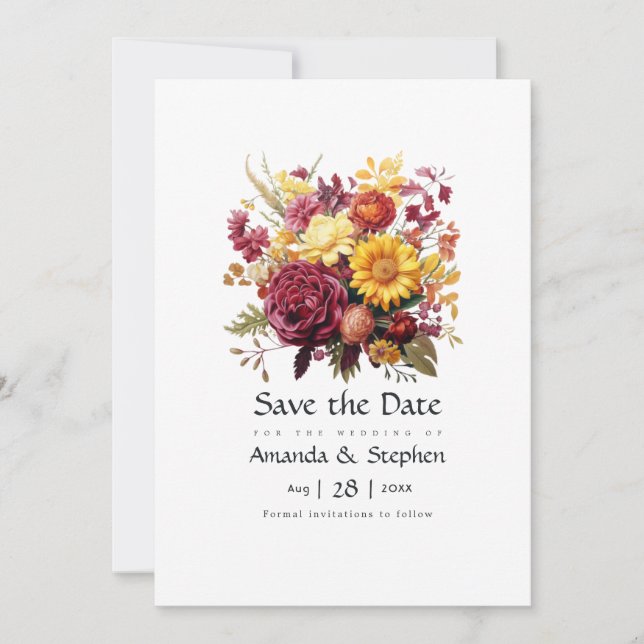 Maroon and Yellow Floral Wedding Save The Date (Front)