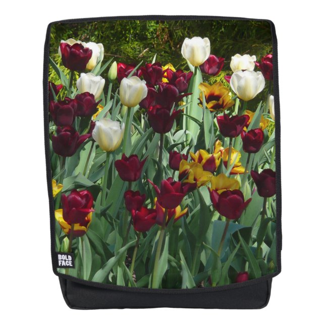 Maroon and Yellow Tulips Colourful Floral Backpack (Front)