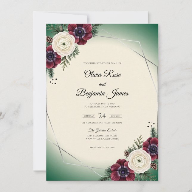 Maroon Anemone Foliage Wedding Invitation (Front)