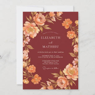 Maroon Apricot Peony Wedding Invitation
