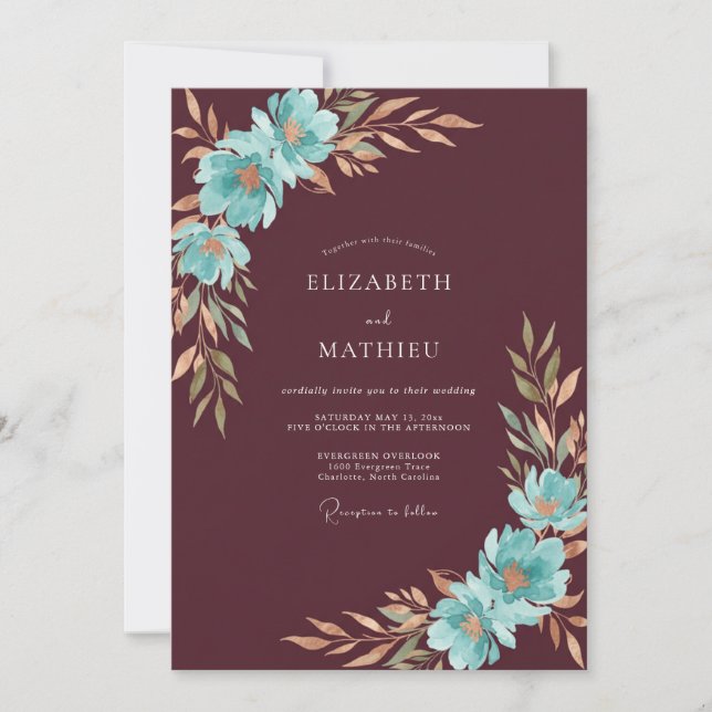 Maroon Aqua Leafy Wedding Invitation (Front)