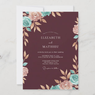 Maroon Aqua Ranunculus Eucalyptus Wedding Invitation