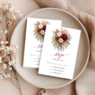 Maroon Autumn Flowers Boho Eucalyptus RSVP Card