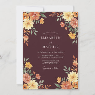 Maroon Autumnal Floral Wedding Invitation