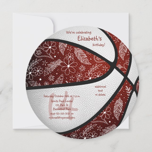 maroon basketball girls birthday sports party announcement (Front)