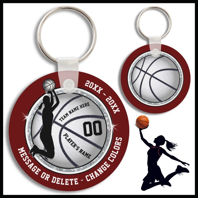 Maroon, Basketball Themed Party Favors Key Ring (Maroon, Silver and Black, Personalized Basketball Team Gifts. Cheap Basketball Bag Tags for Girls. )