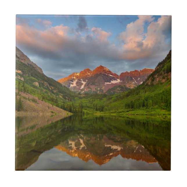 Maroon Bells Reflect Into Calm Maroon Lake 2 Tile (Front)