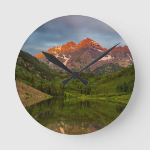 Maroon Bells Reflect Into Calm Maroon Lake 3 Round Clock
