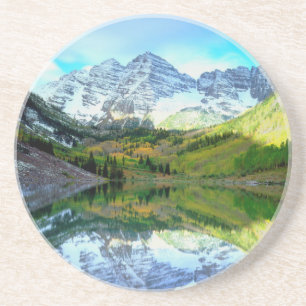 Maroon Bells reflecting in Maroon Lake Coaster