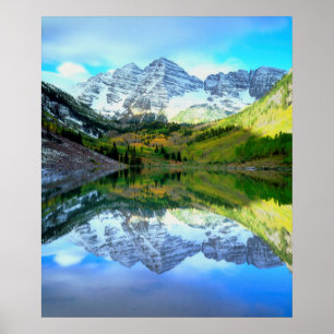 Maroon Bells reflecting in Maroon Lake Poster