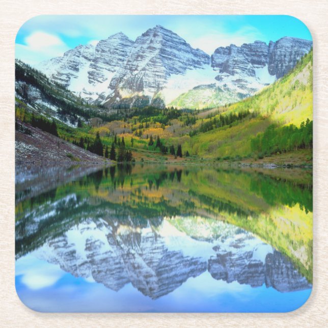 Maroon Bells reflecting in Maroon Lake Square Paper Coaster (Front)