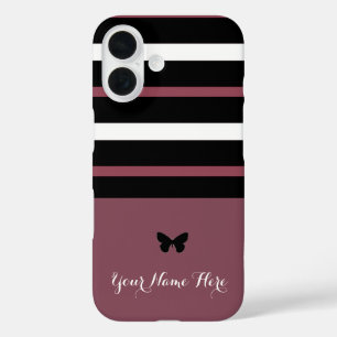 Maroon Black and White Horizontal Stripes iPhone 16 Case