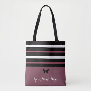 Maroon Black and White Stripes with Butterfly #1 Tote Bag