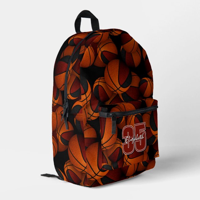 Maroon black basketball team colours player name  printed backpack (Back Corner Left)