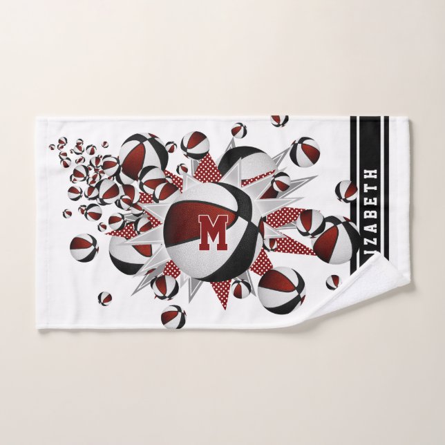 maroon black basketballs stars girls monogrammed hand towel (Hand Towel)