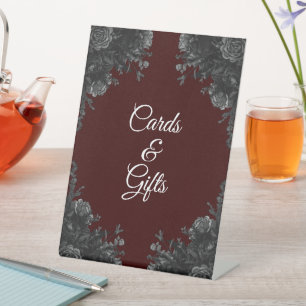 Maroon Black Elegant Floral Wedding Pedestal Sign
