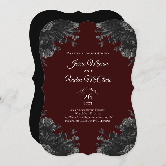 Maroon Black Grey Roses Gothic Elegant Wedding Invitation (Front/Back)