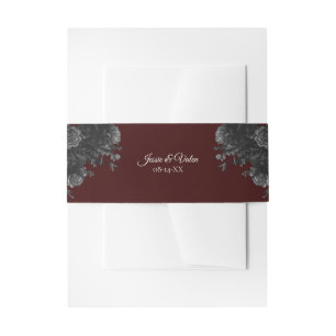 Maroon Black Grey Roses Gothic Wedding Invitation Belly Band