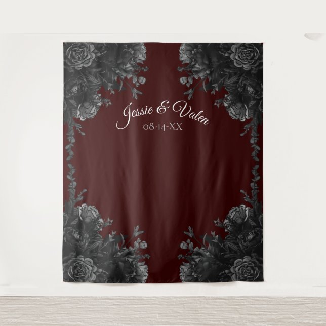 Maroon Black Grey Roses Gothic Wedding Tapestry (Front)