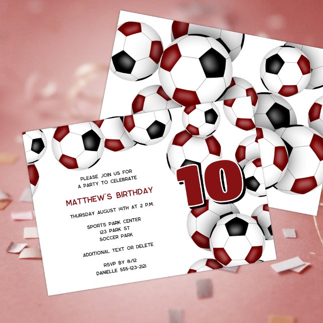 maroon black soccer balls kids birthday party invitation (Creator Uploaded)