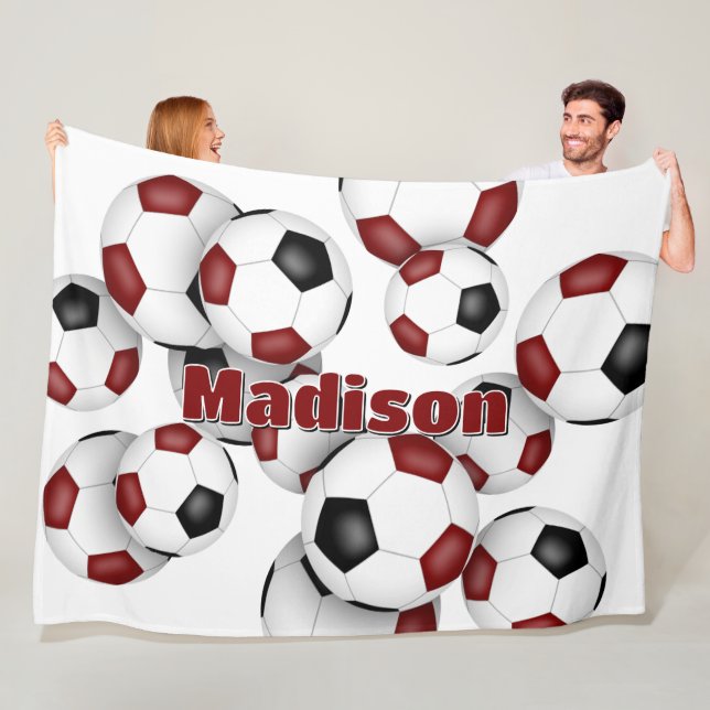 maroon black soccer balls kids sports room fleece blanket (In Situ)