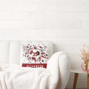 maroon black sports room girls soccer balls stars cushion