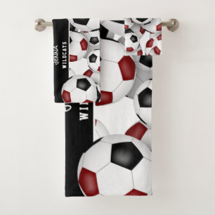 maroon black team colors Lots of soccer balls Bath Towel Set
